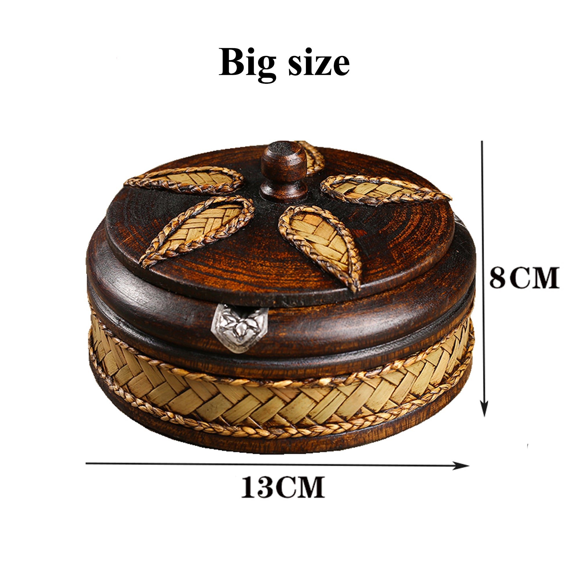 Rustic Round Wood Ashtray with Lid, Bamboo Weaving Ash Tray