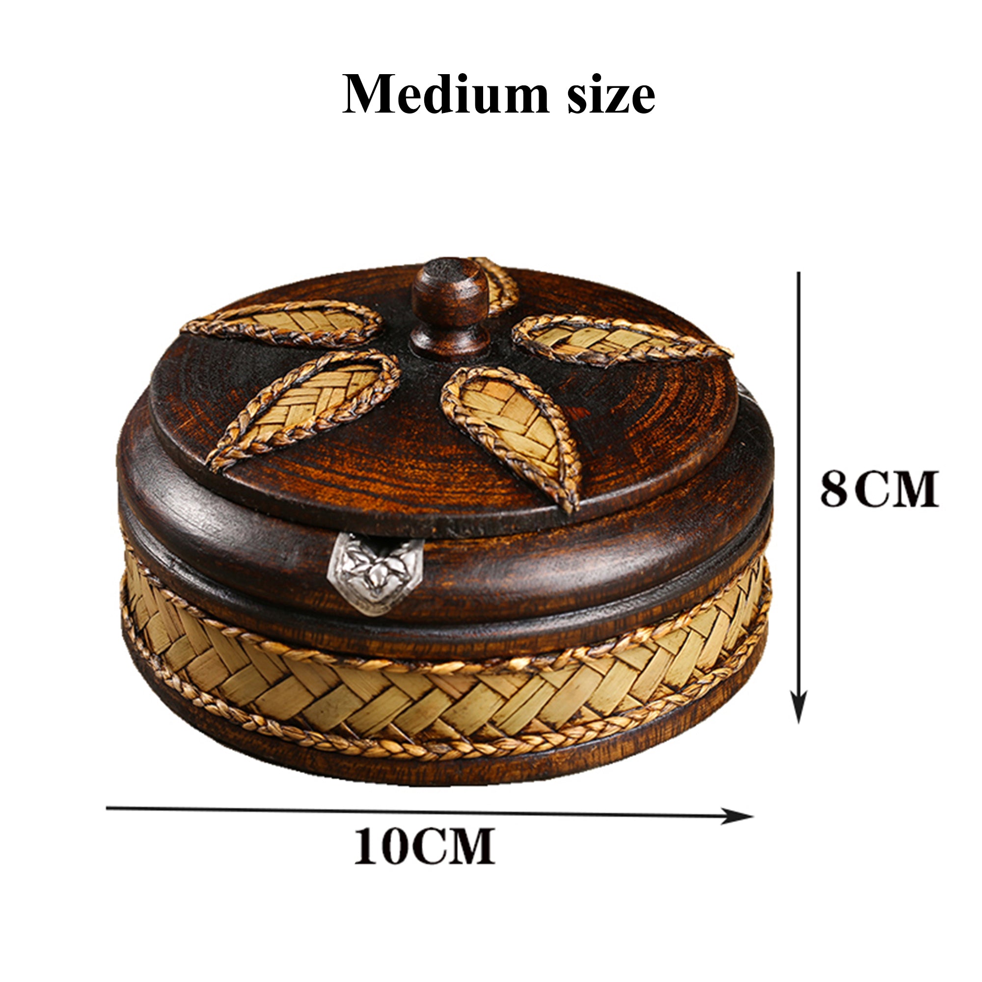 Rustic Round Wood Ashtray with Lid, Bamboo Weaving Ash Tray