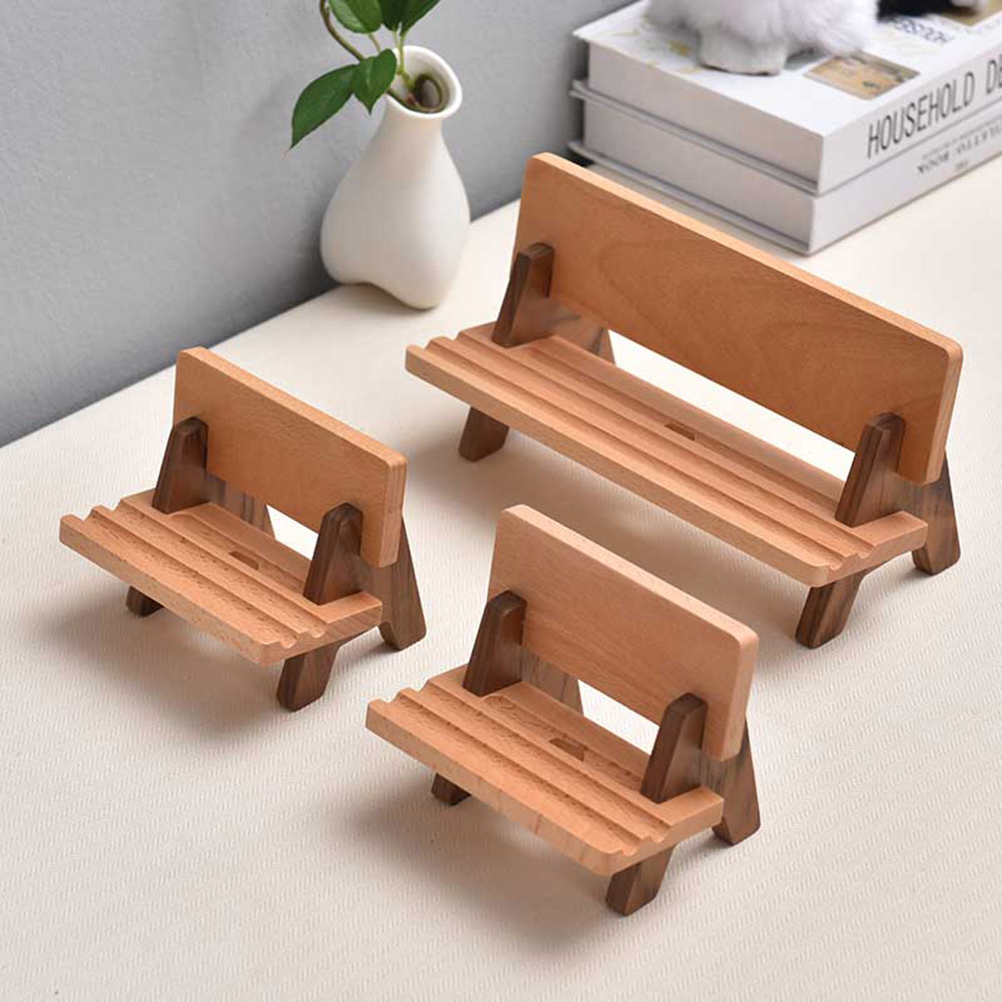 Beech Wood Phone Stand, Wooden iPad Stand, Park Benches Shape Phone Holder for Desk