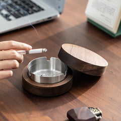 Round Walnut Wood Ashtray with Lid