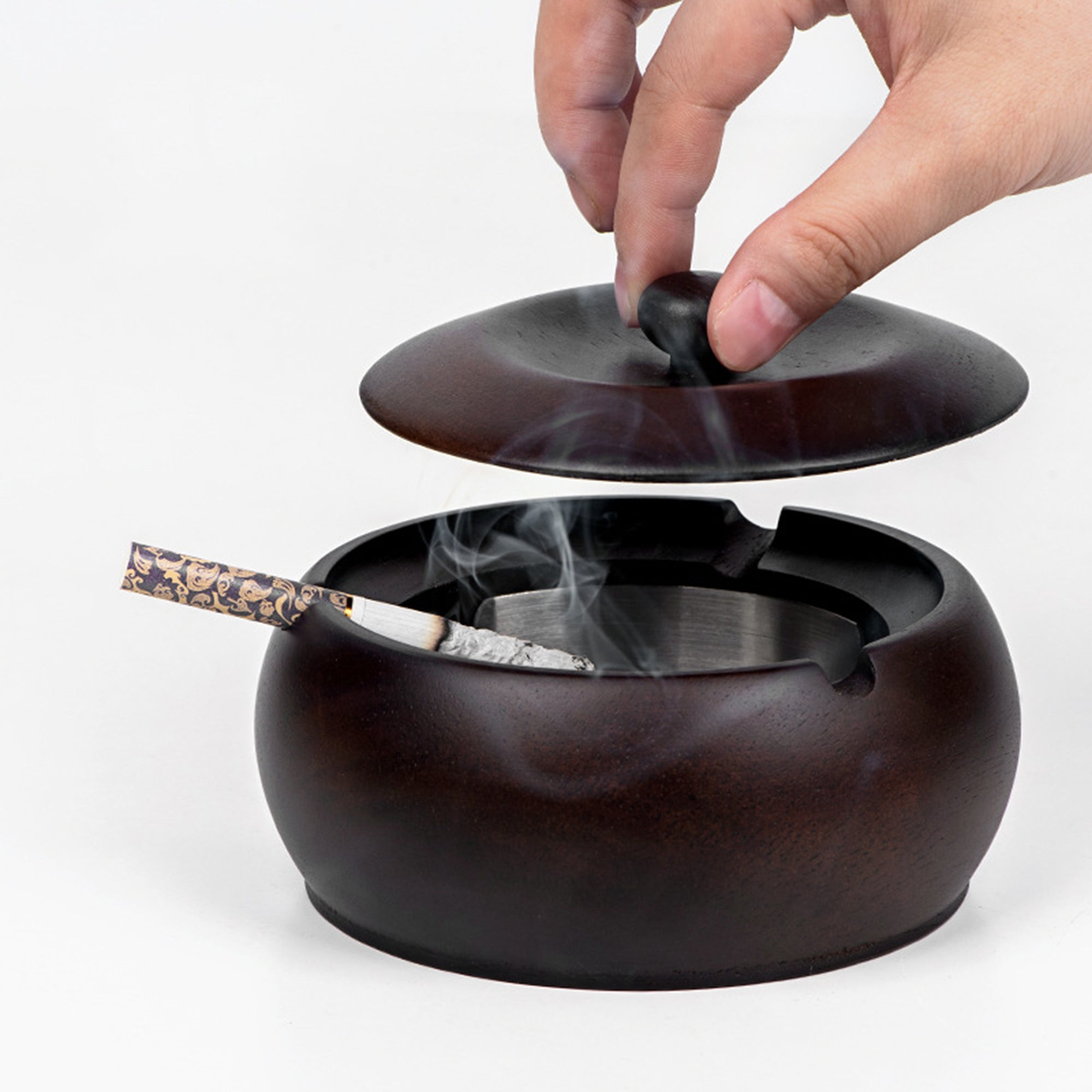 Round Oak Wood Ashtrays with Lid and Stainless Steel Liner