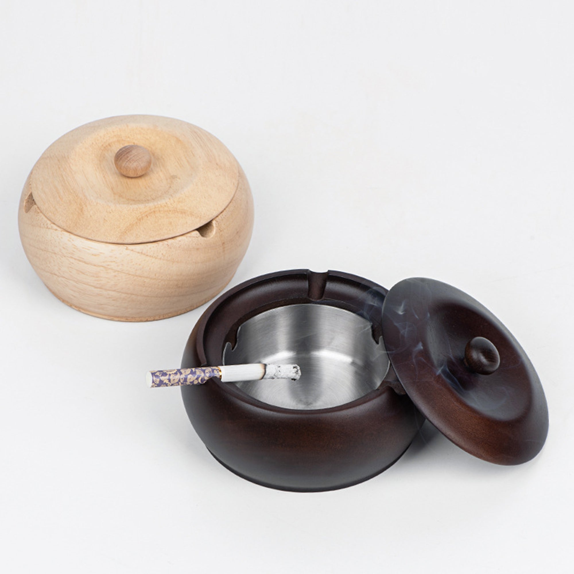 Round Oak Wood Ashtrays with Lid and Stainless Steel Liner