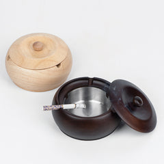 Round Oak Wood Ashtrays with Lid and Stainless Steel Liner