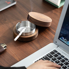 Round Walnut Wood Ashtray with Lid