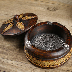 Rustic Round Wood Ashtray with Lid, Bamboo Weaving Ash Tray