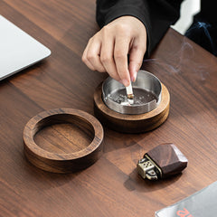 Round Walnut Wood Ashtray with Lid