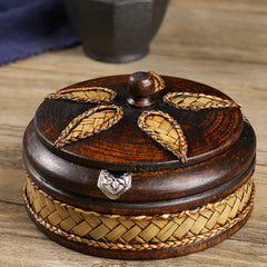 Rustic Round Wood Ashtray with Lid, Bamboo Weaving Ash Tray