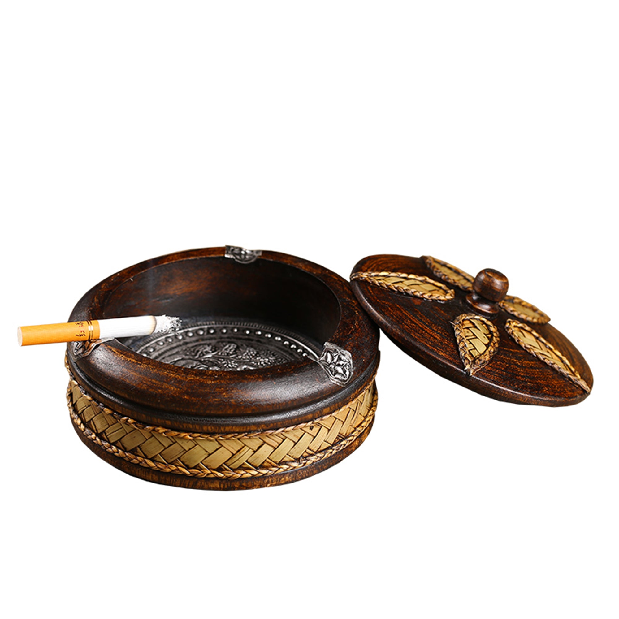 Rustic Round Wood Ashtray with Lid, Bamboo Weaving Ash Tray