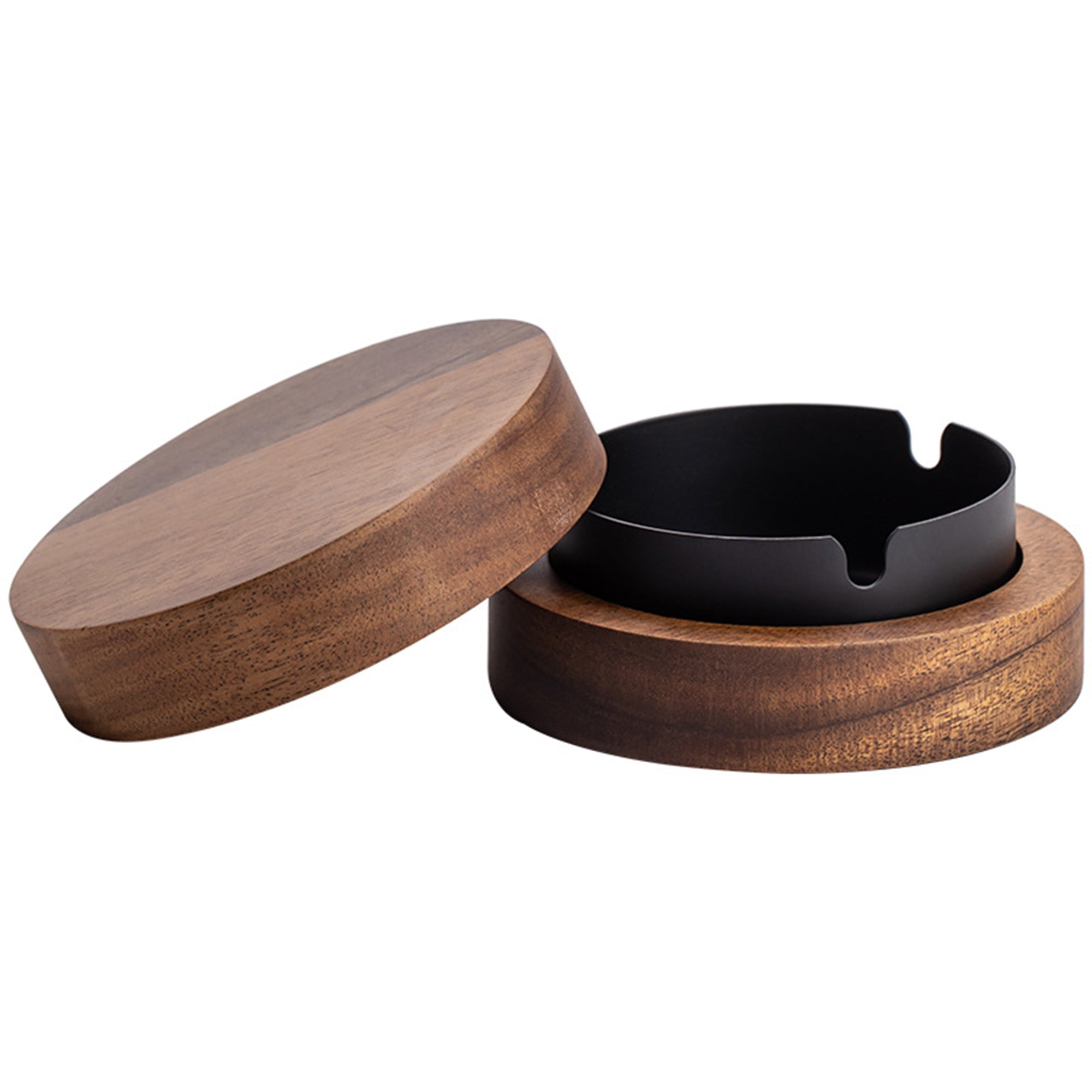 Round Walnut Wood Ashtray with Lid