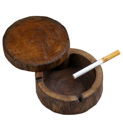 Rustic Wood Cigar Ashtray with Lid, Round Ashtray for Cigarettes