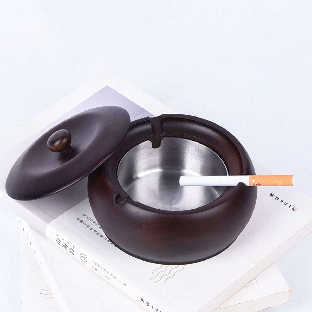 Round Oak Wood Ashtrays with Lid and Stainless Steel Liner