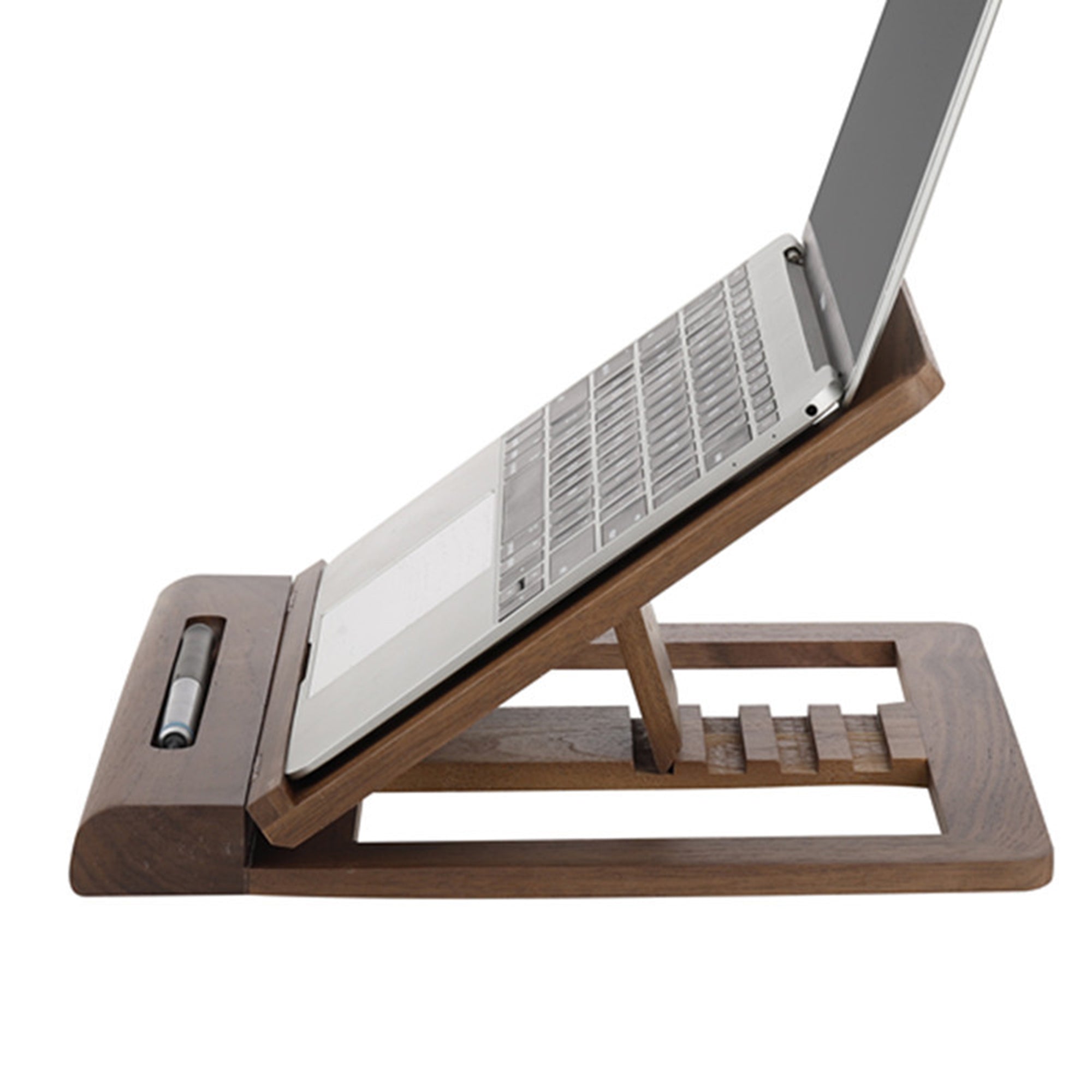 Wooden Laptop Stand with Wrist Rest, Walnut Wood Notebook Computer Stand with Phone Holder Pen Holder, iPad Pro Stand for Desk