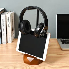 Desktop wooden headphone stand with phone holder, ash wood headset holder with iPad stand, gift for gamer