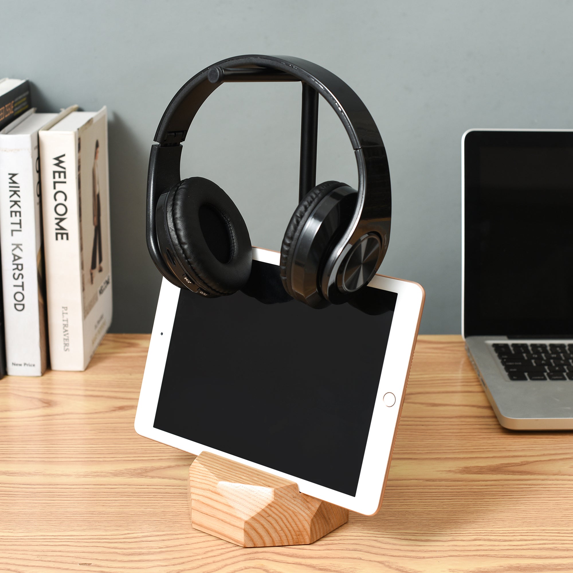 Desktop wooden headphone stand with phone holder, ash wood headset holder with iPad stand, gift for gamer