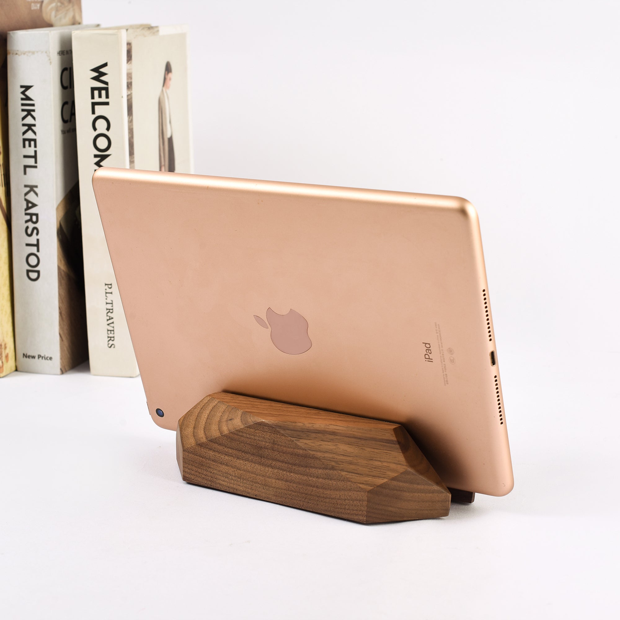 Vertical laptop stand for desk, wooden Macbook holder, notebook computer holder, iPad holder on desk