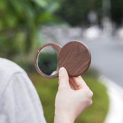 Small Round Walnut Wood Pocket Mirror for Women