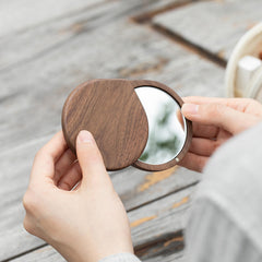 Small Round Walnut Wood Pocket Mirror for Women